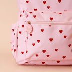 close up front zipper Fox & Fallow little hearts backpack front view kids school bag