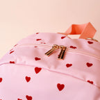 close up zipper view Fox & Fallow little hearts backpack front view kids school bag