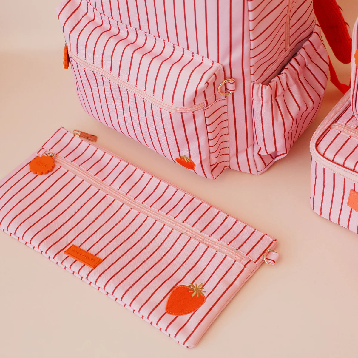Fox & Fallow large pencil case. Spacious, durable and can be personalised with embroidery, perfect for school, highschool and everyday use. Can also get matching backpack and lunch bag. This print is strawberry stripe