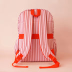 back view with straps on Fox & Fallow backpack for kids, perfect for school, daycare and everyday use. Spacious, practical and designed for little adventures. Personalisation of embroidery with name also available on bags in 2 placements. This print is strawberry stripe