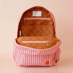 inside view of Fox & Fallow backpack for kids, perfect for school, daycare and everyday use. Spacious, practical and designed for little adventures. Personalisation of embroidery with name also available on bags in 2 placements. This print is strawberry stripe