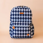 front view of Fox & Fallow backpack for kids, perfect for school, daycare and everyday use. Spacious, practical and designed for little adventures. Personalisation of embroidery with name also available on bags in 2 placements. This print is blue diamonds