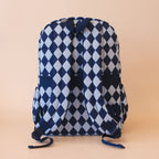 back view of straps on Fox & Fallow backpack for kids, perfect for school, daycare and everyday use. Spacious, practical and designed for little adventures. Personalisation of embroidery with name also available on bags in 2 placements. This print is blue diamonds