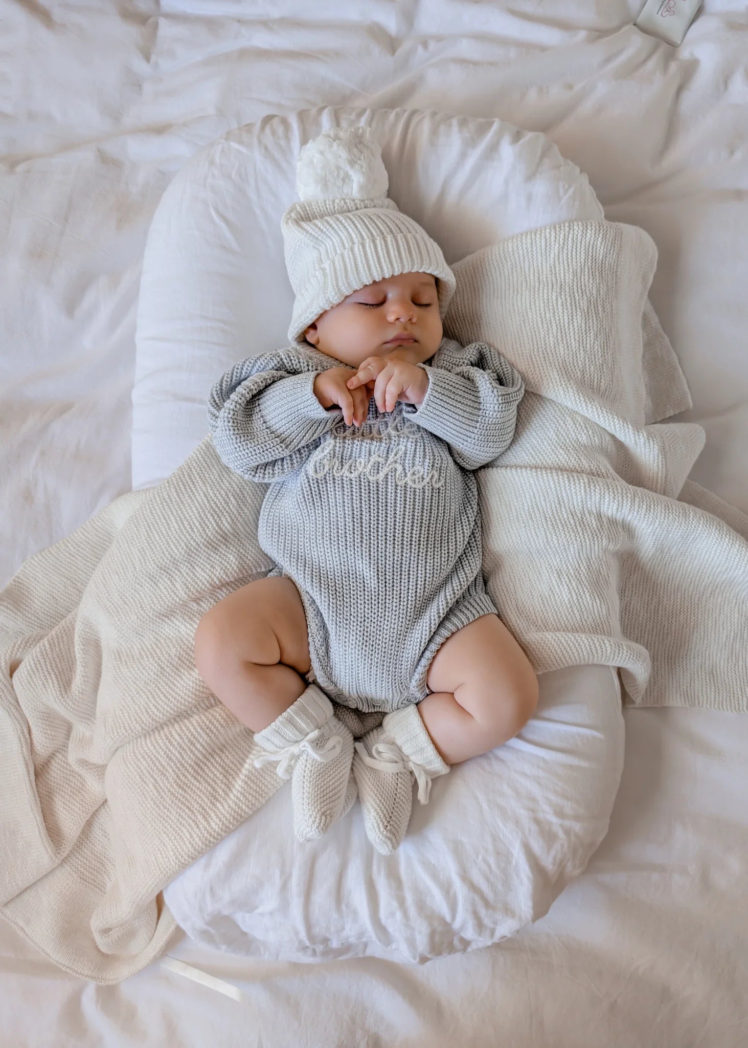 Little Brother long sleeve knit baby romper in powder blue by Blossom and Pear