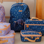 bunny stuffed in Fox & Fallow backpack for kids, perfect for school, daycare and everyday use. Spacious, practical and designed for little adventures. Personalisation of embroidery with name also available on bags in 2 placements. This print is forget me not