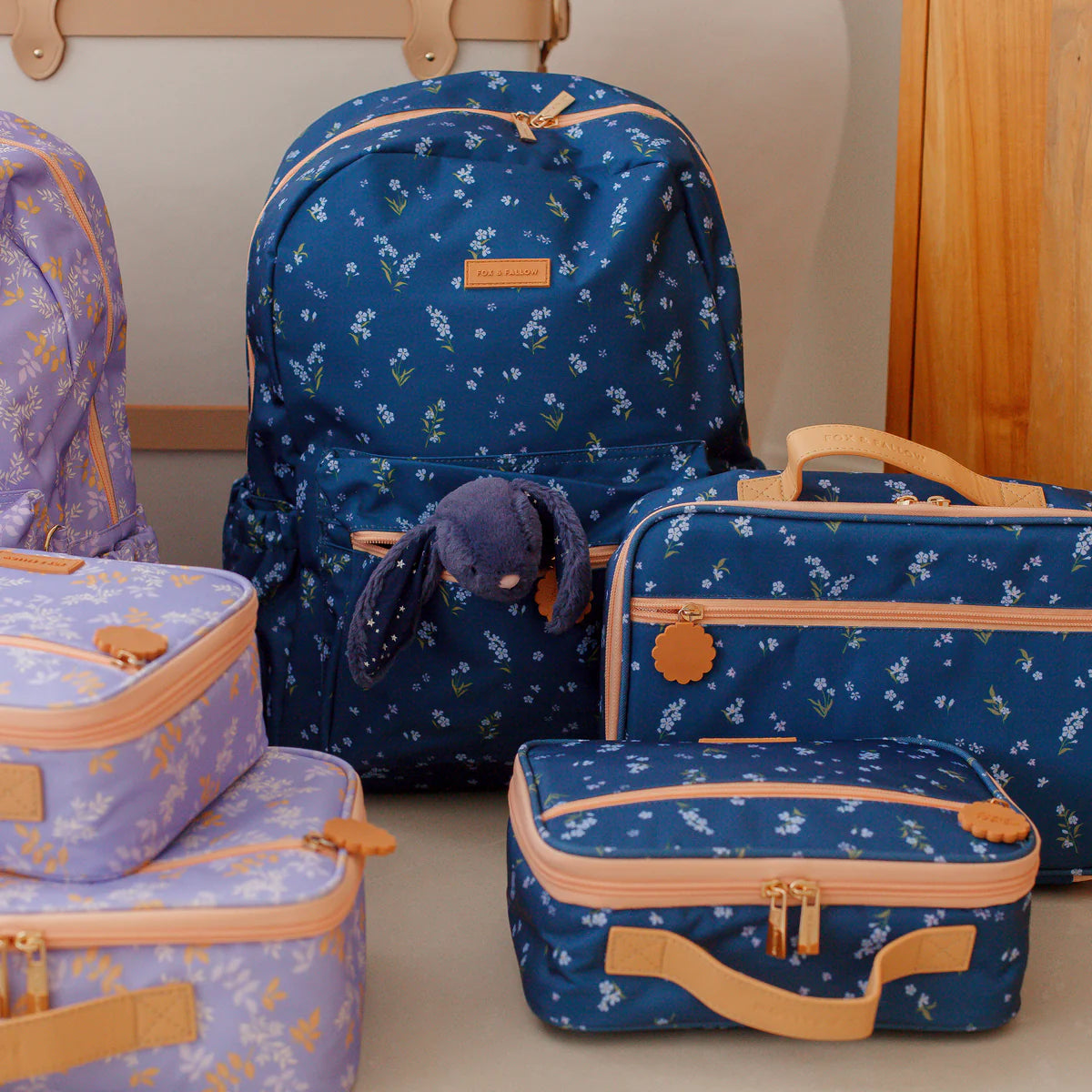 bunny stuffed in Fox & Fallow backpack for kids, perfect for school, daycare and everyday use. Spacious, practical and designed for little adventures. Personalisation of embroidery with name also available on bags in 2 placements. This print is forget me not