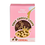 Box of Tiny Chocco Loops cereal doll food with pink box and 'tiny harlow' branding.