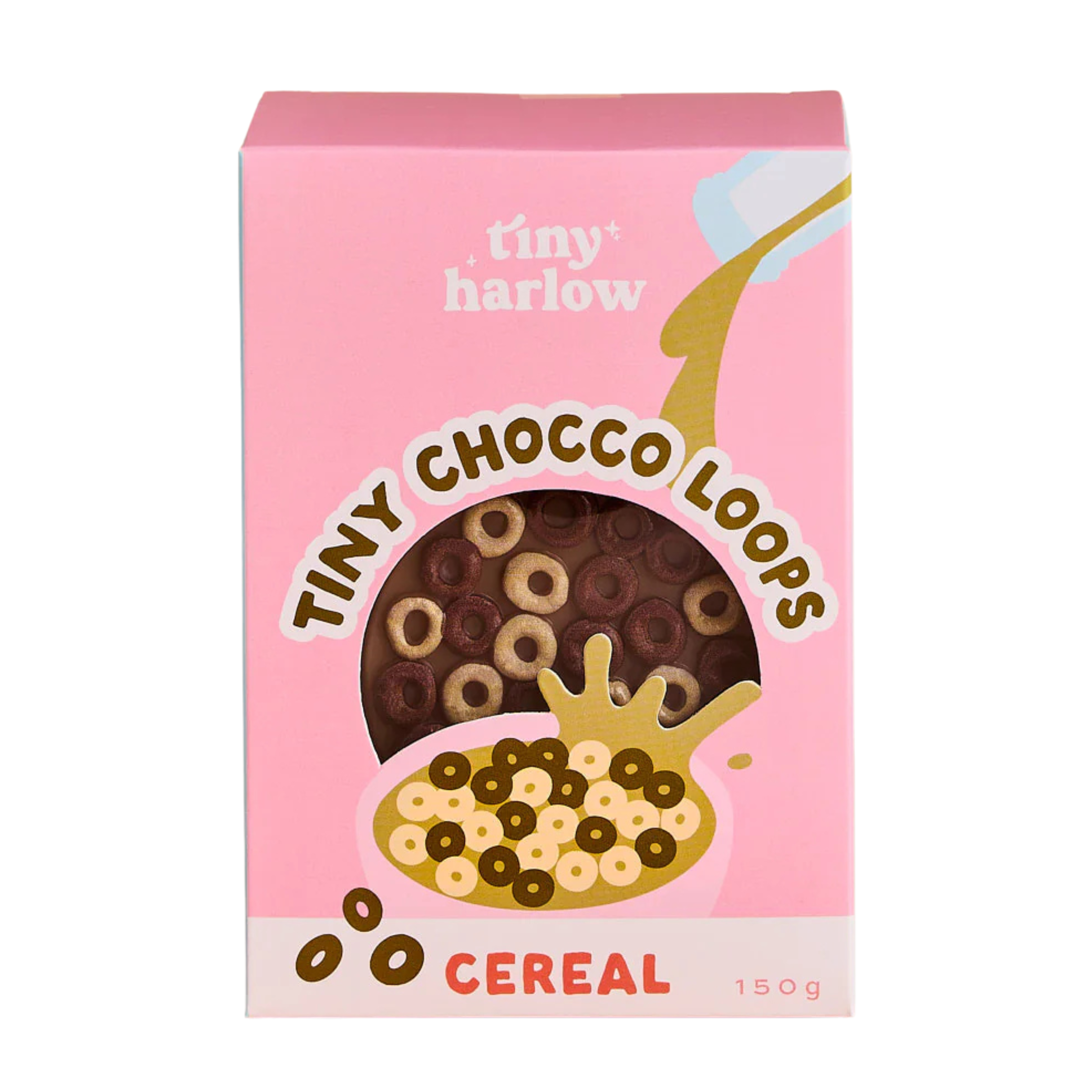 Box of Tiny Chocco Loops cereal doll food with pink box and 'tiny harlow' branding.