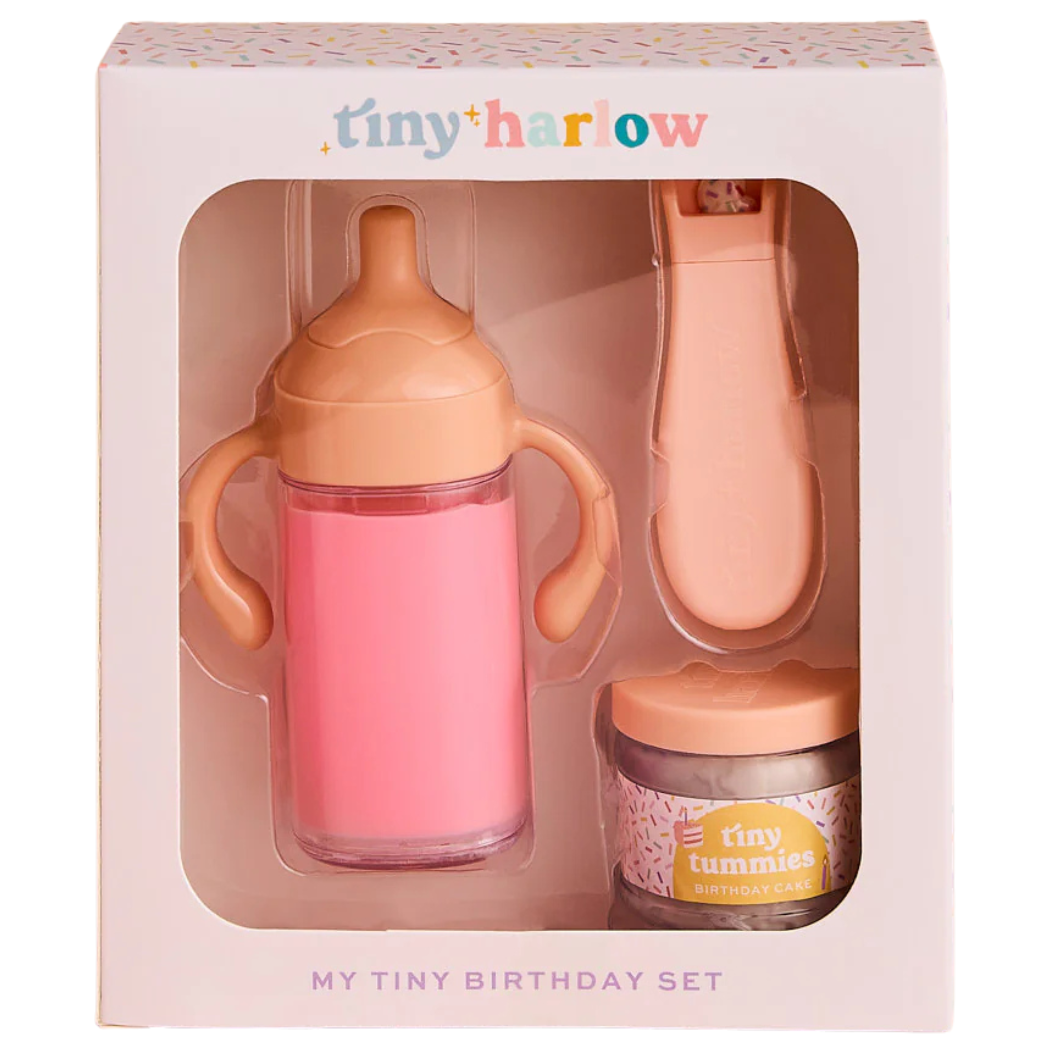 gift packaging of my tiny birthday set which includes a sippy cup of strawberry milk, magic doll food jar and spoon in the flavour birthday cake. perfect for gifting and made by tiny harlow