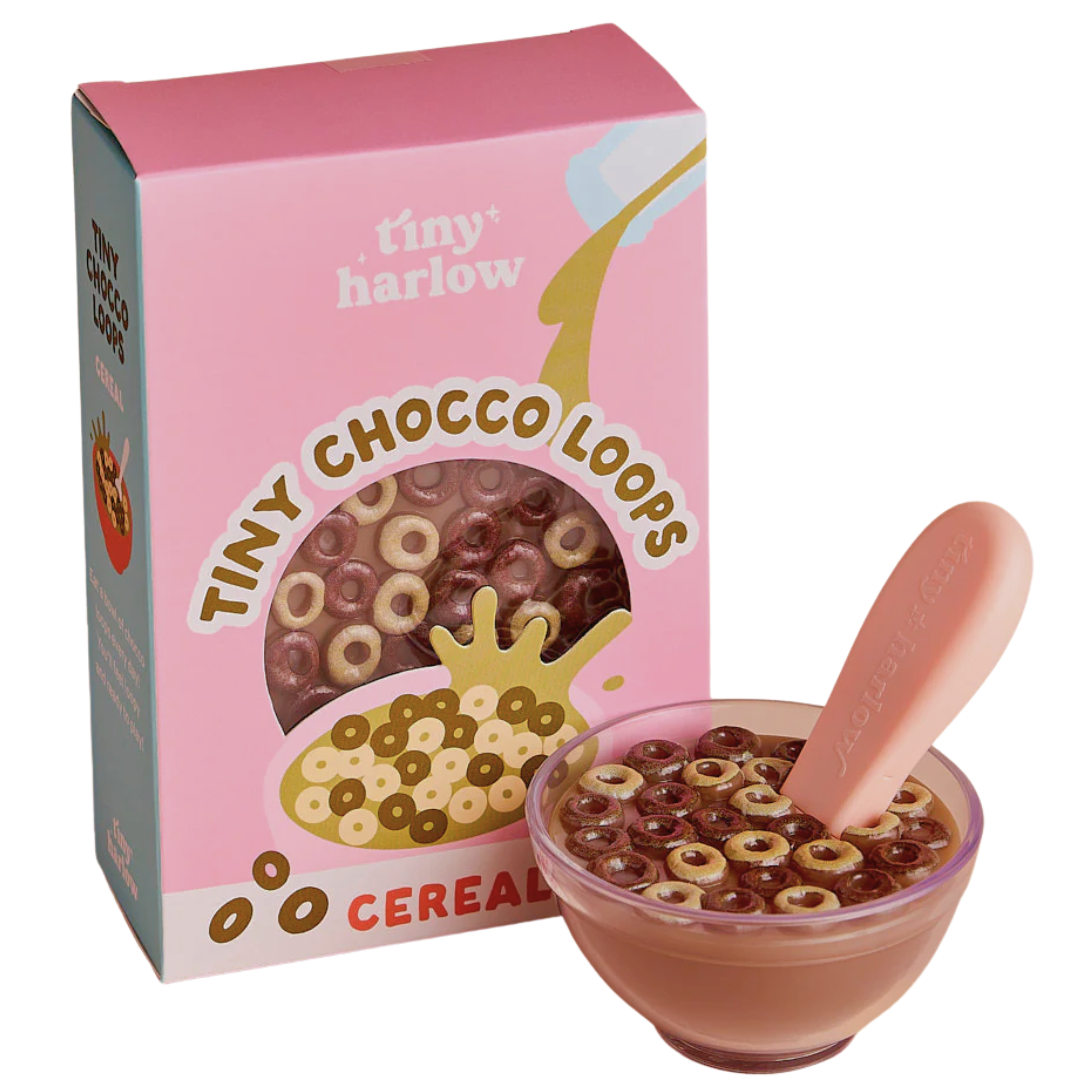 Box of Tiny Harlow doll food Tiny Chocco Loops cereal with a bowl of cereal and spoon 
