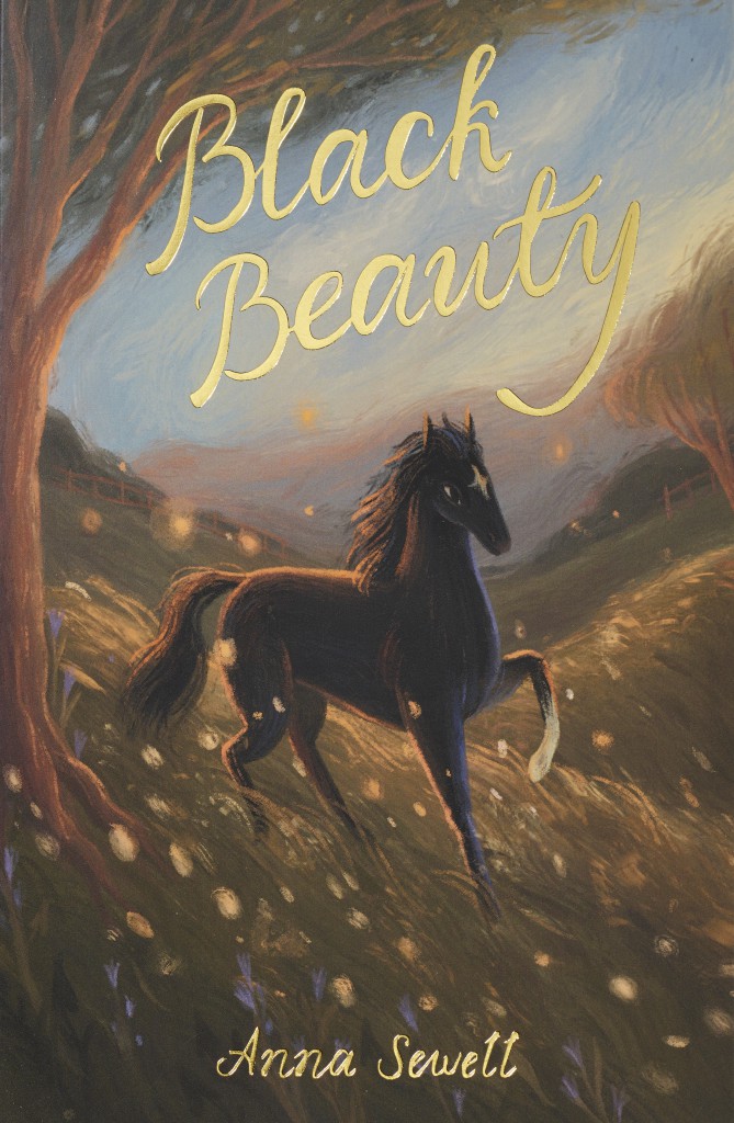 book cover of Black Beauty paperback book by Anna Sewell with illustrated cover featuring a black horse running through a glowing countryside scene