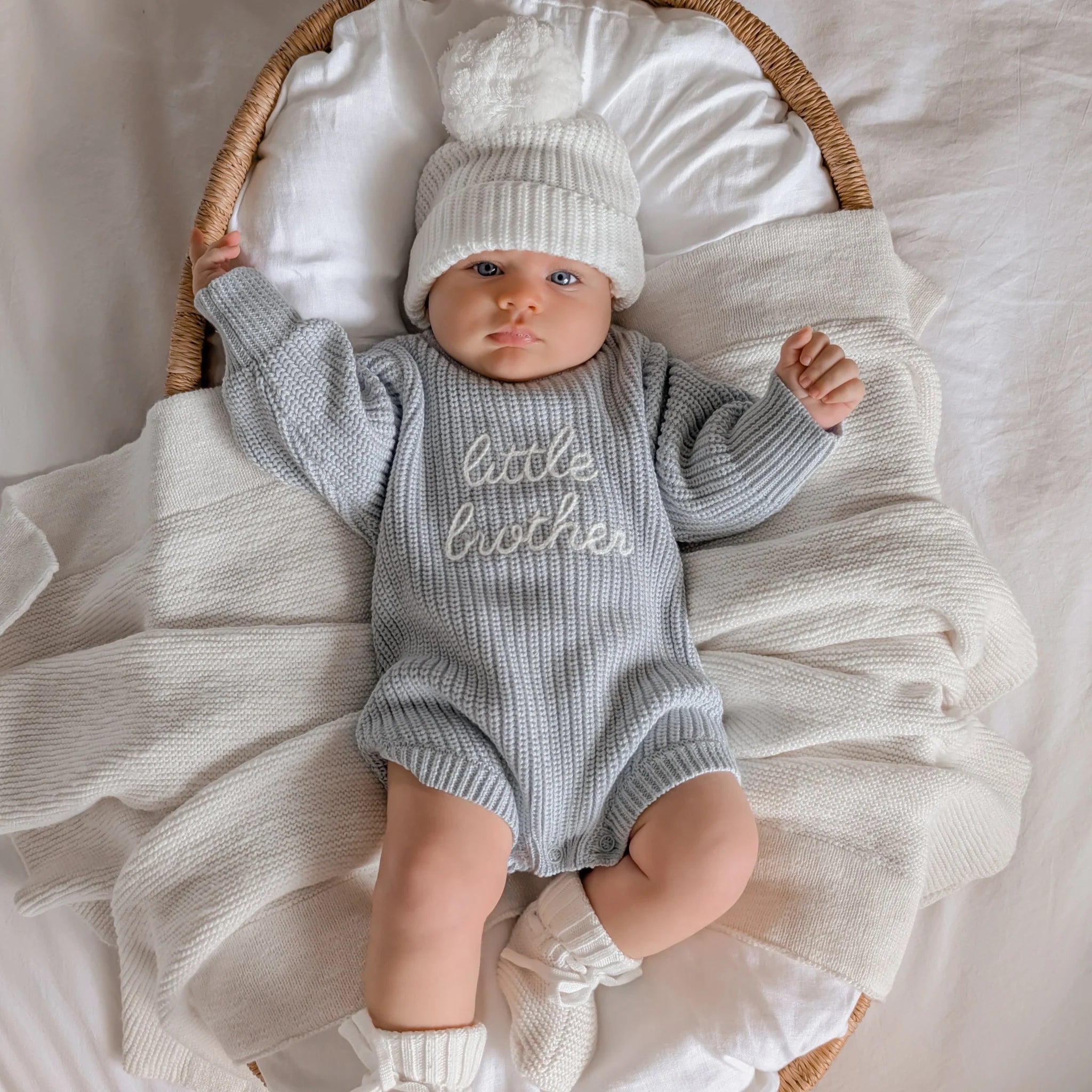 Blossom and Pear Little Brother heirloom knit romper with long sleeves