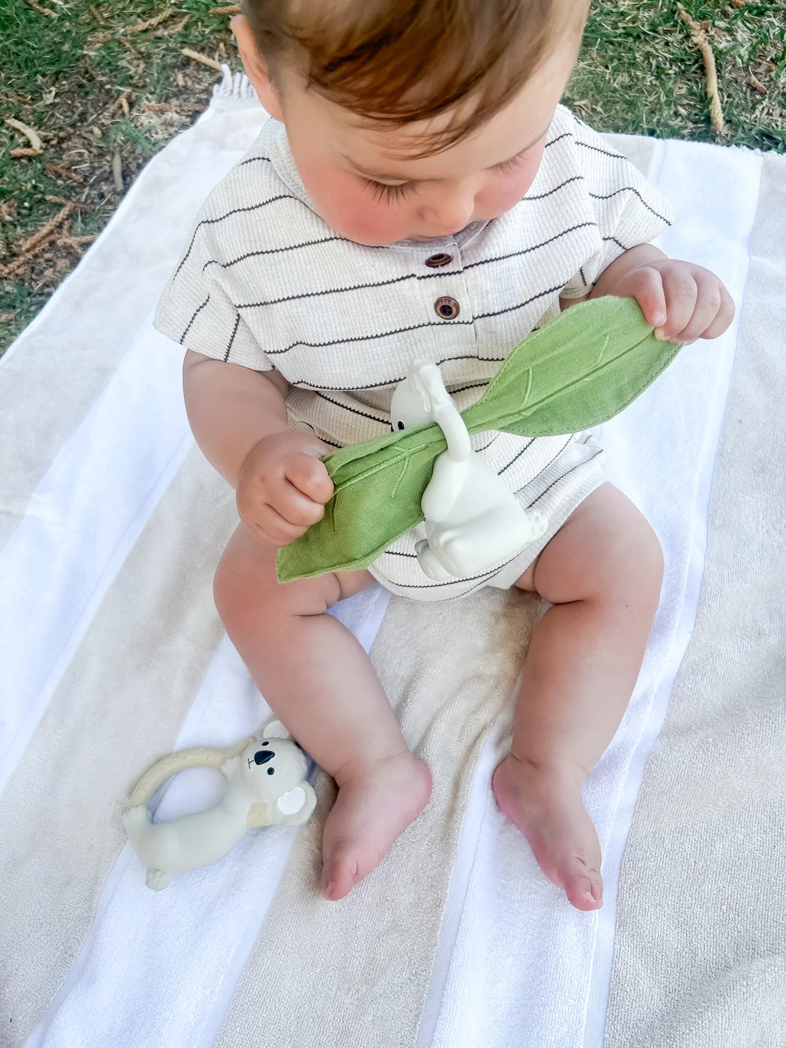 Banks the Koala natural rubber baby teether with crinkle muslin leaf