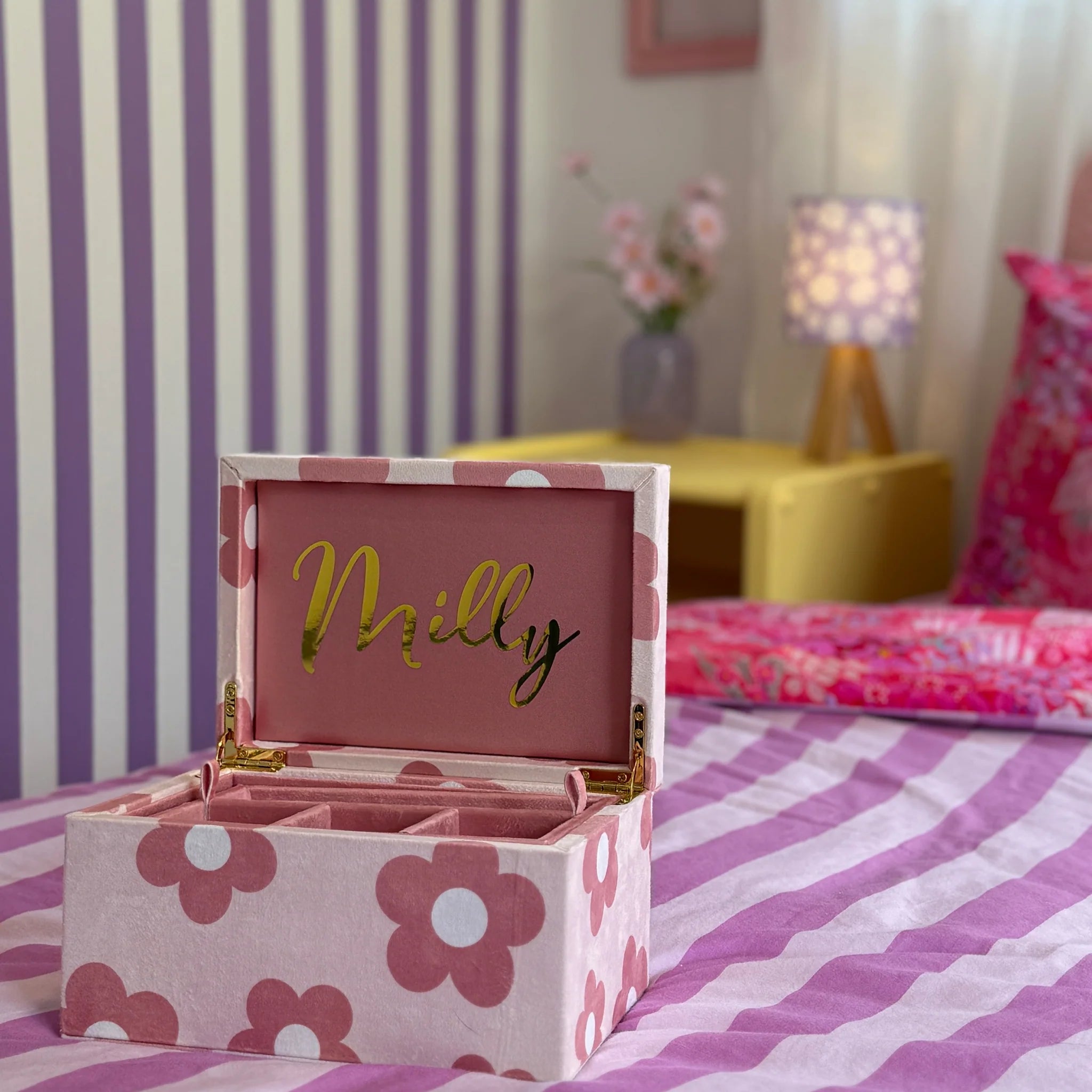 personalised jewellery box with gold name on inside lid