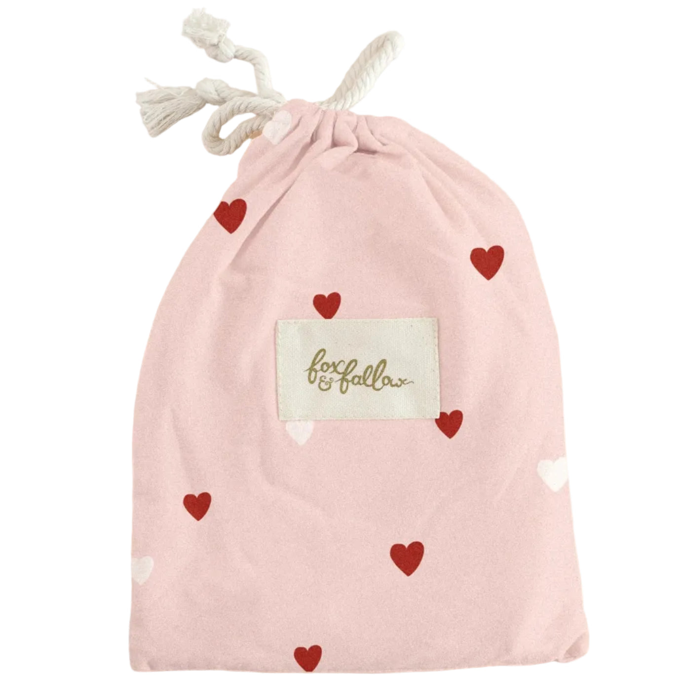 Fox & Fallow pink cot fitted sheet with red heart print organic cotton
