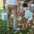 child wearing toddler backpacks, perfect for on the go and have matching accessories. can also be personalised with childs name. this print is parker