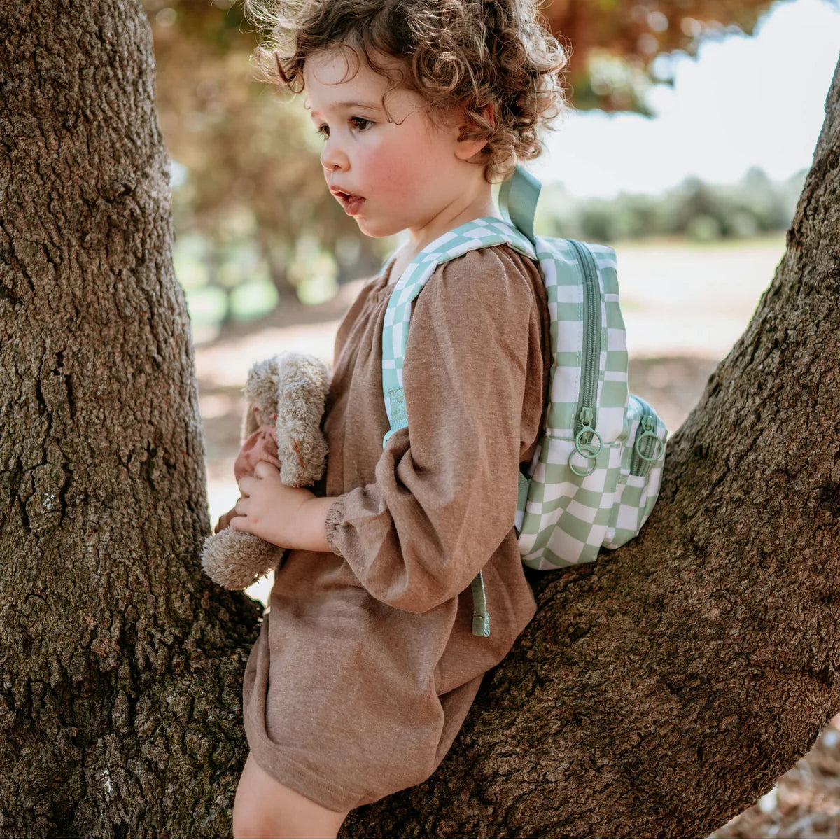 side view of toddler backpacks, perfect for on the go and have matching accessories. can also be personalised with childs name. this print is parker