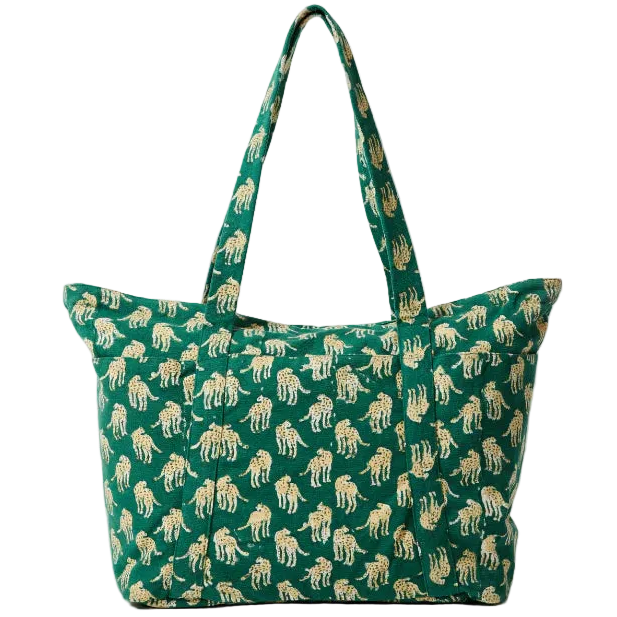 cheetah print tote bag in green with large carry handles