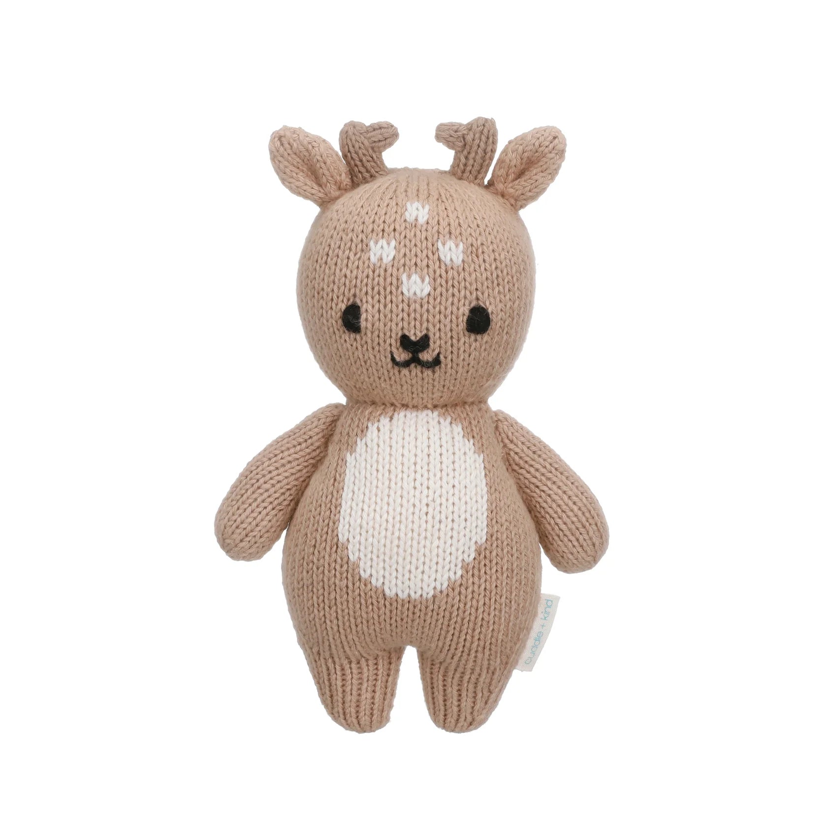 Cuddle+Kind baby fawn hand knit stuffed animal toy in soft brown cotton