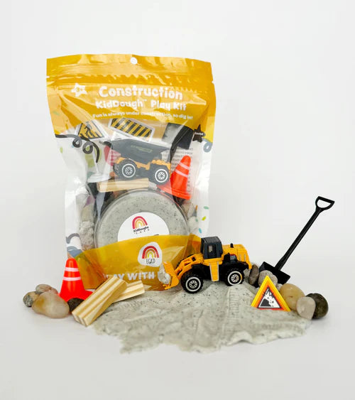 Construction sensory playdough kit for toddlers with trucks, road signs and tools, hands-on fine motor and imaginative play activity set.