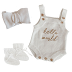 Blossom and Pear newborn announcement outfit with Hello World knit romper and matching bow accessories