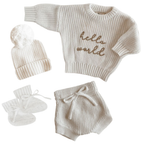 Blossom and Pear newborn announcement outfit with Hello World knit jumper and matching accessories