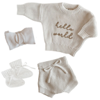 Blossom and Pear newborn announcement outfit with Hello World knit jumper and matching bow accessories