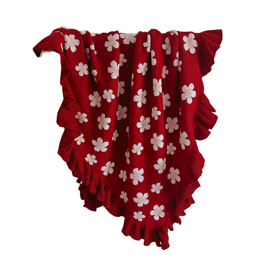 Heirloom Poppy Frill Knit Blanket | Red Posy