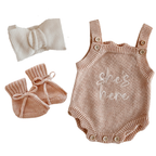 Newborn baby girl knit announcement bundle with sleeveless romper booties and matching headband
