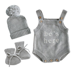 Blossom and Pear baby boy announcement outfit with grey He’s Here knit romper set