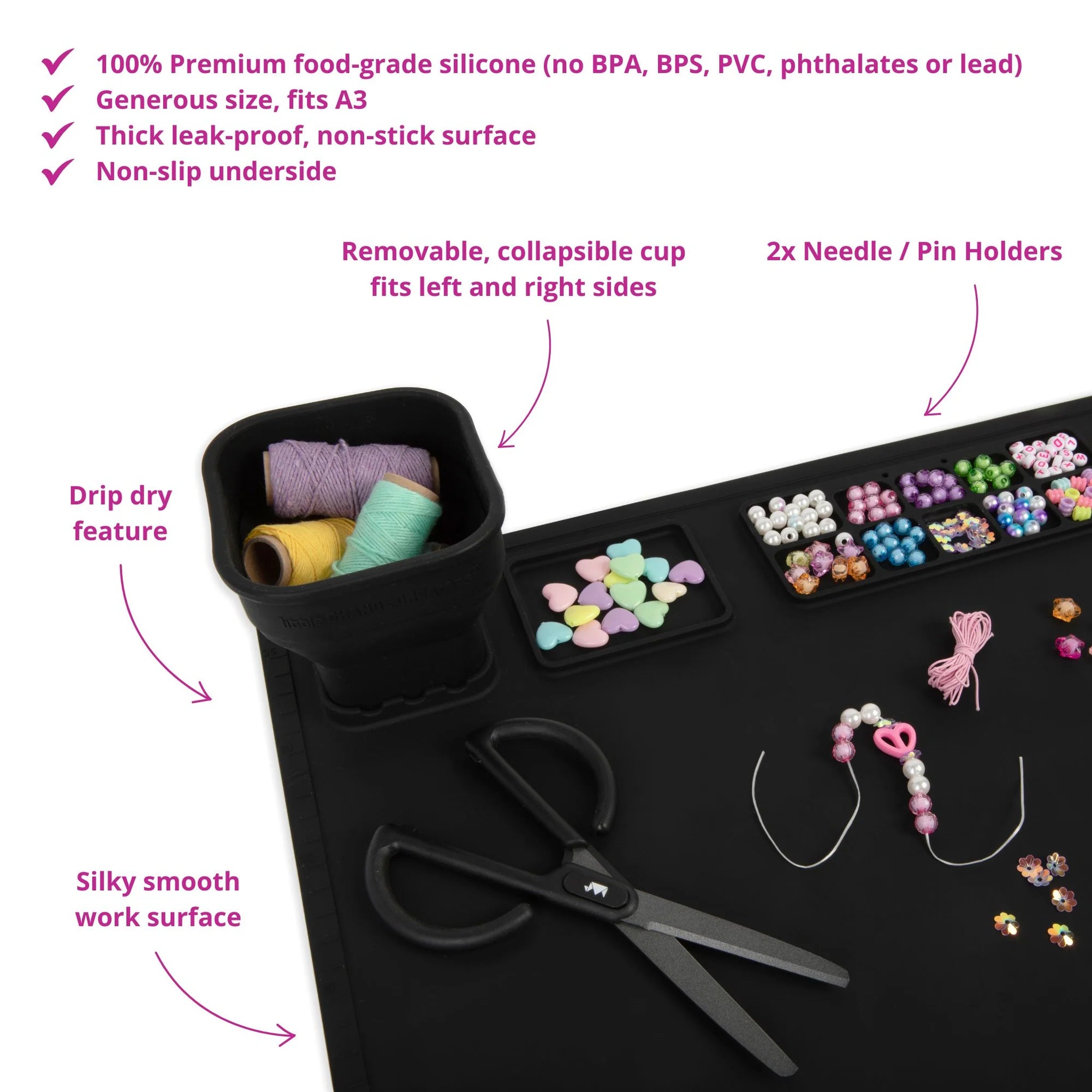 how to use the Re-CRAFT-able Silicone Creativity Mat Set in black with silicone craft mat and cup. A fun and practical solution for mess free creative play. made by little change creators