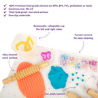 how to use the Re-CRAFT-able Silicone Creativity Mat Set in white with silicone craft mat and cup. A fun and practical solution for mess free creative play. made by little change creators