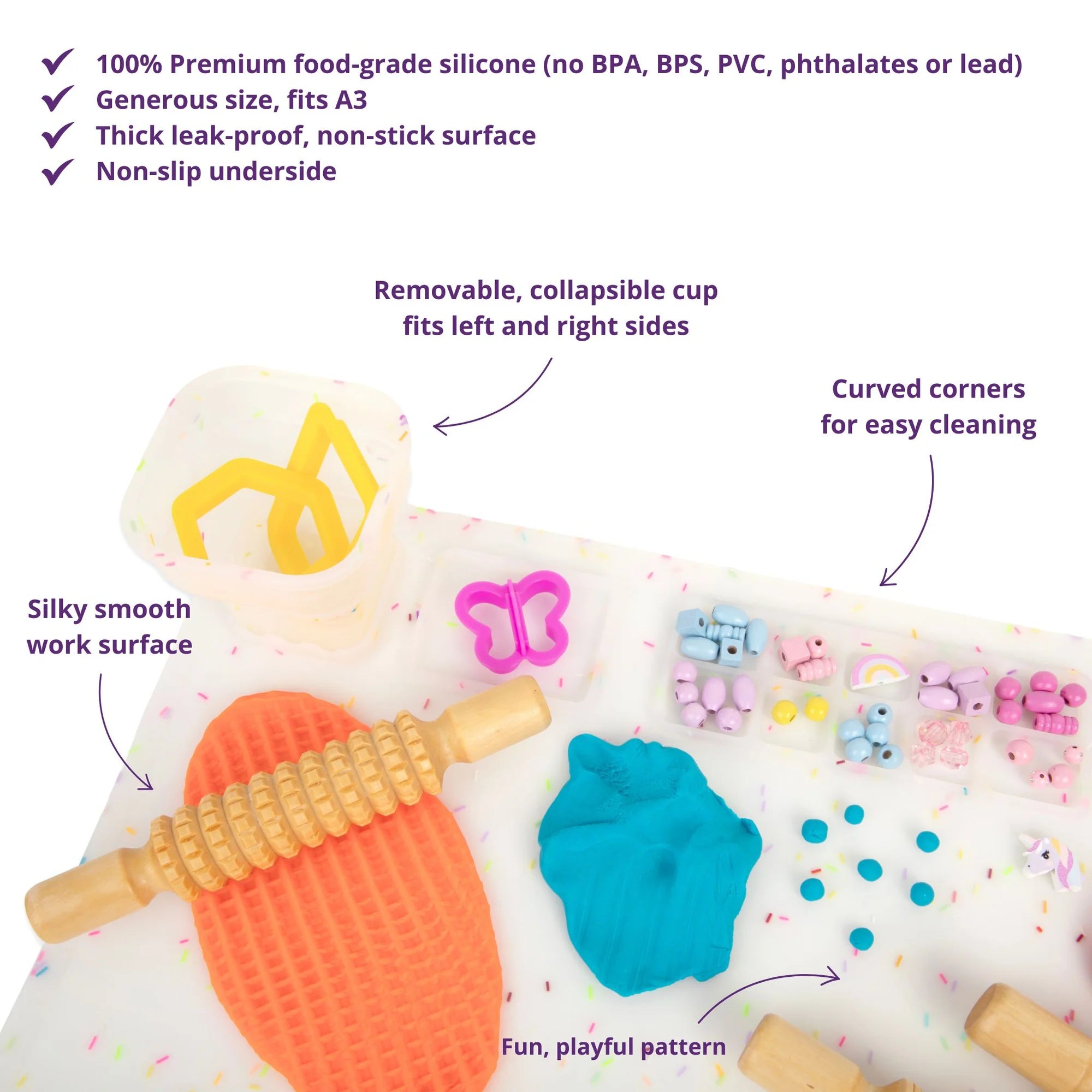 how to use the Re-CRAFT-able Silicone Creativity Mat Set in white with silicone craft mat and cup. A fun and practical solution for mess free creative play. made by little change creators