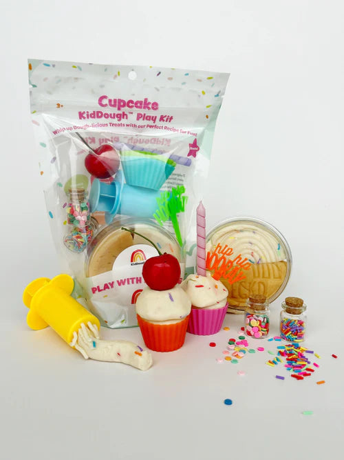 Resealable KidDough pouch with cupcake themed charms, baking tools and sprinkle jars displayed for hands-on sensory play and creative kitchen pretend play