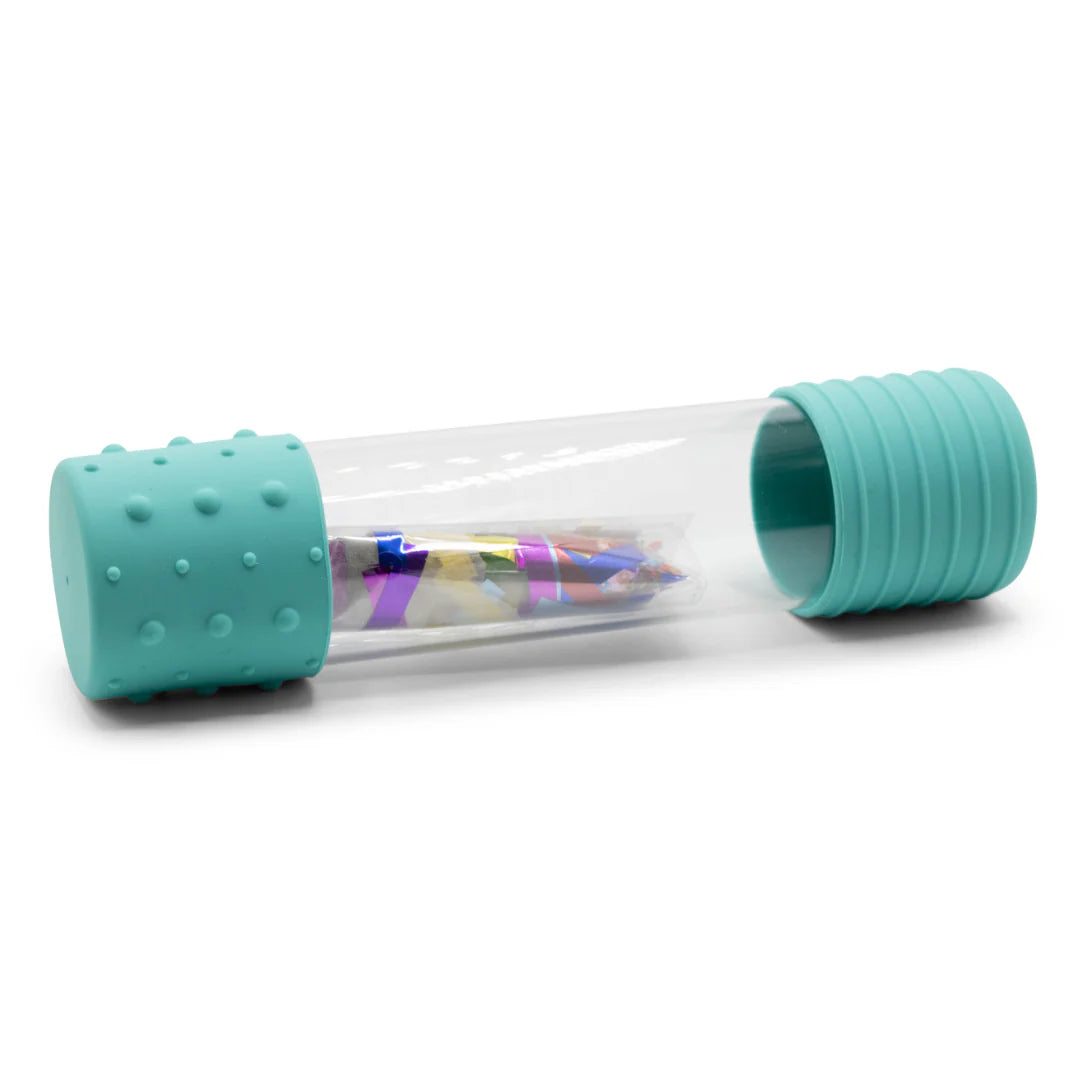 Refillable DIY calm down sensory bottle in mint with colourful glitter and sensory pieces