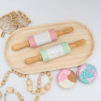 brand Playsense Dough Roller, the perfect tool for both playdough fun and beginner baking. pictured is mint and pink 