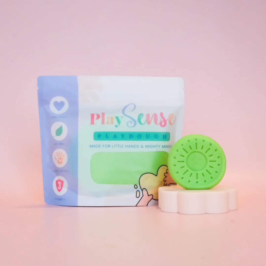 Image of dough by the brand playsense. Great for sensory play and being creative, also fine motor development. Dough is non toxic with all natural ingredients so safe for little hands. Colour and scent is Pastel Green Fresh Cucumber