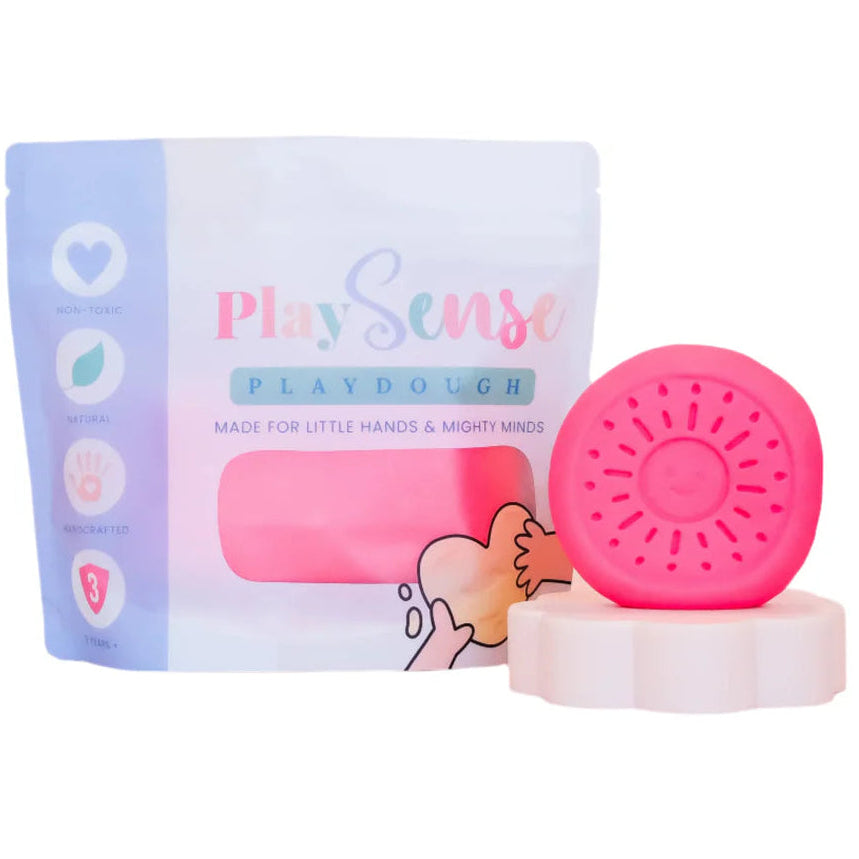 Image of dough by the brand playsense. Great for sensory play and being creative, also fine motor development. Dough is non toxic with all natural ingredients so safe for little hands. Colour and scent is Bright Pink Raspberry Candy Scented