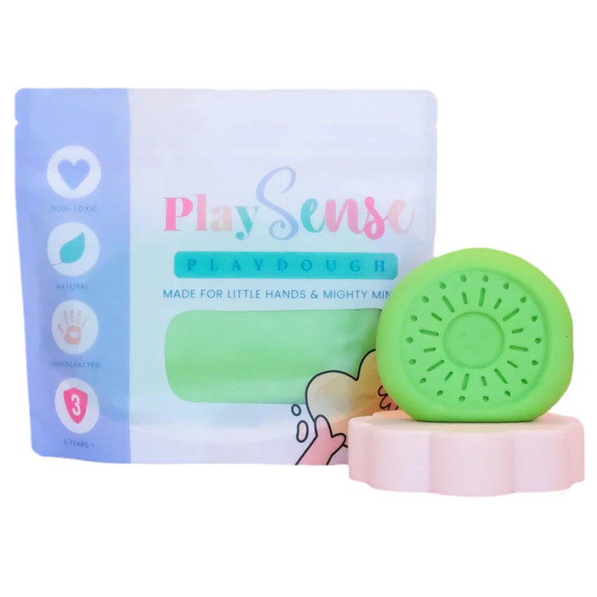 Image of dough by the brand playsense. Great for sensory play and being creative, also fine motor development. Dough is non toxic with all natural ingredients so safe for little hands. Colour and scent is Pastel Green Fresh Cucumber