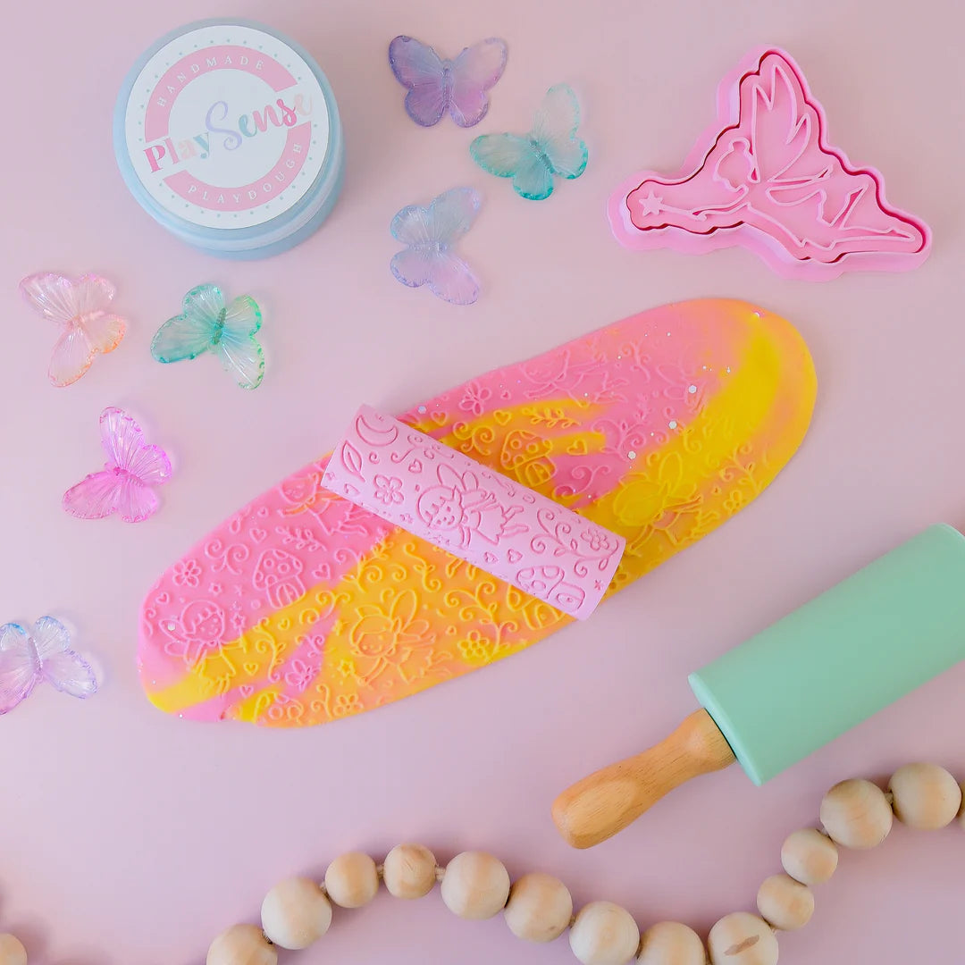 Image of eco textured dough roller designed with fun patterns and to be used with sensory like playdough or can be used for cooking dough. Textured roller is in the pattern fairy