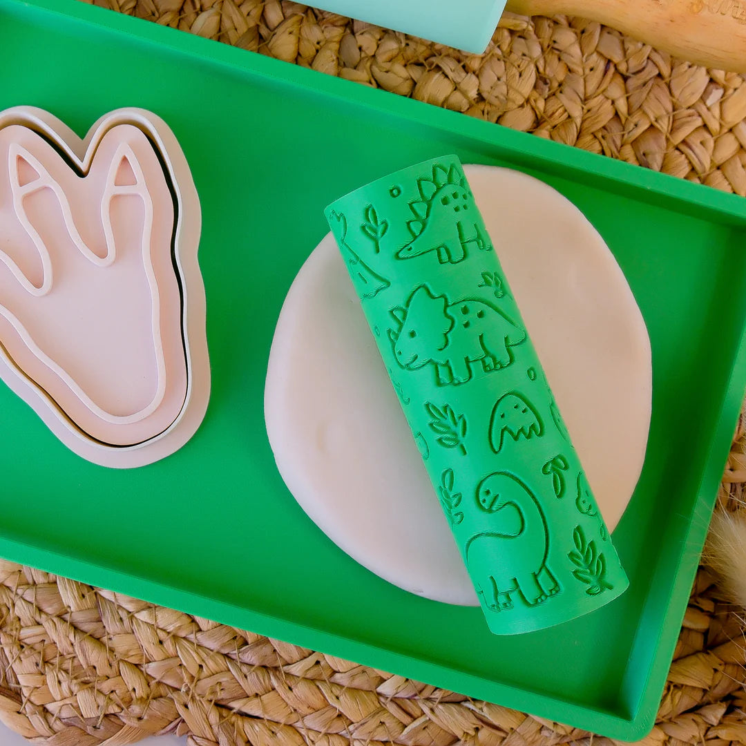roller and stamo Image of eco textured dough roller designed with fun patterns and to be used with sensory like playdough or can be used for cooking dough. Textured roller is in the pattern dinosaur