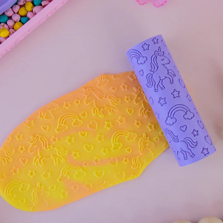 Image of eco textured dough roller designed with fun patterns and to be used with sensory like playdough or can be used for cooking dough. Textured roller is in the pattern unicorn