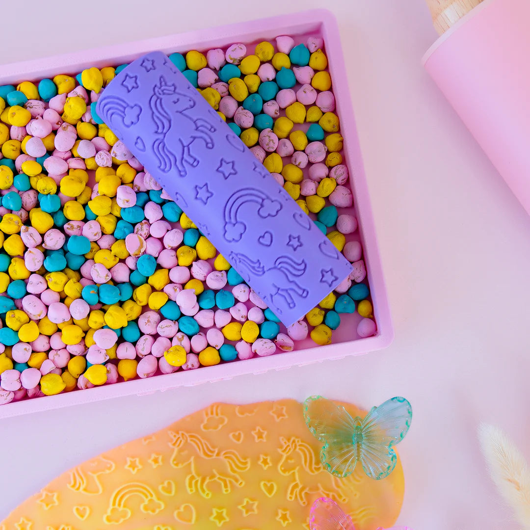 Image of eco textured dough roller designed with fun patterns and to be used with sensory like playdough or can be used for cooking dough. Textured roller is in the pattern unicorn