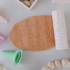 Image of eco textured dough roller designed with fun patterns and to be used with sensory like playdough or can be used for cooking dough. Textured roller is in the pattern construction