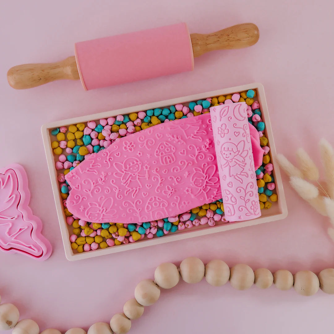 Image of eco textured dough roller designed with fun patterns and to be used with sensory like playdough or can be used for cooking dough. Textured roller is in the pattern fairy
