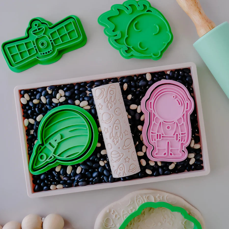 Image of eco textured dough roller designed with fun patterns and to be used with sensory like playdough or can be used for cooking dough. Textured roller is in the pattern space