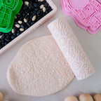 Image of eco textured dough roller designed with fun patterns and to be used with sensory like playdough or can be used for cooking dough. Textured roller is in the pattern space