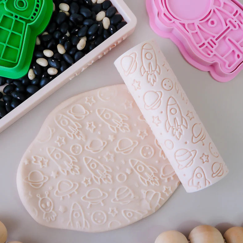 Image of eco textured dough roller designed with fun patterns and to be used with sensory like playdough or can be used for cooking dough. Textured roller is in the pattern space