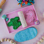 Image of eco textured dough roller designed with fun patterns and to be used with sensory like playdough or can be used for cooking dough. Textured roller is in the pattern ocean life