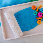 Image of eco textured dough roller designed with fun patterns and to be used with sensory like playdough or can be used for cooking dough. Textured roller is in the pattern ocean life
